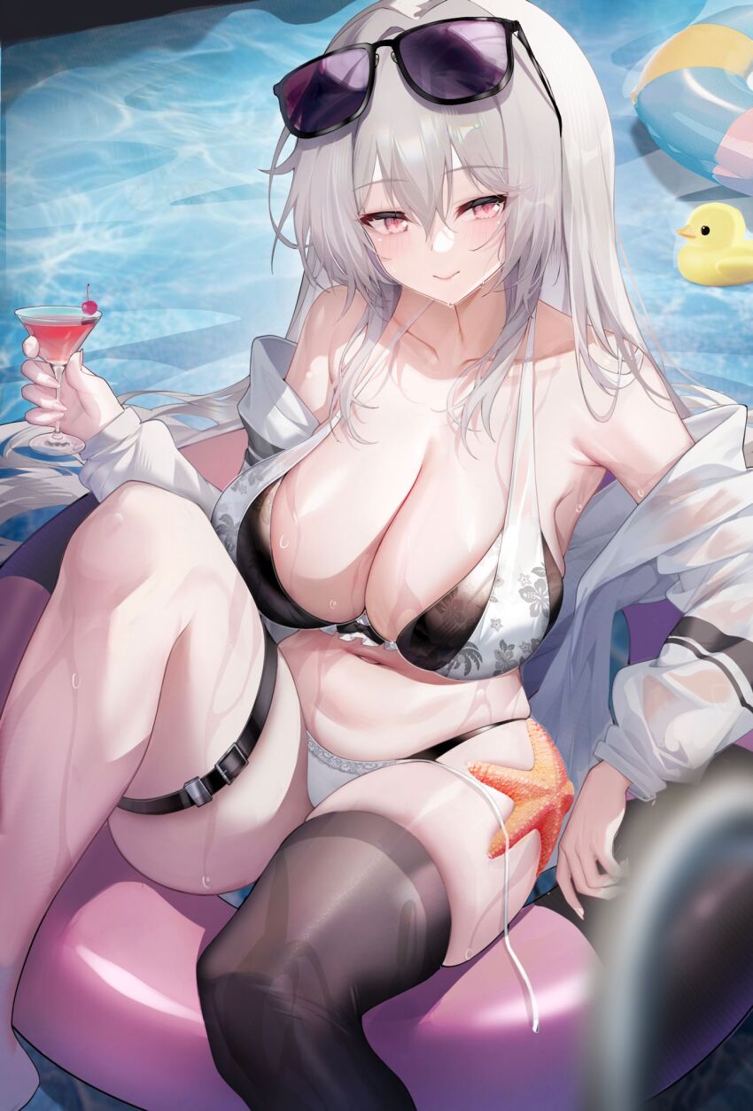 1girl bare_shoulders bikini black_thighhighs blush breasts cleavage cocktail_glass collarbone commentary_request cup drinking_glass eyewear_on_head floral_print_bikini hair_between_eyes highres holding holding_cup innertube jacket jacket_partially_removed jihua_tong knee_up large_breasts long_hair looking_at_viewer navel on_innertube original pink_eyes pool print_bikini rubber_duck single_thighhigh sitting solo starfish stomach sunglasses swim_ring swimsuit thigh_strap thighhighs water wet white_bikini white_hair white_jacket