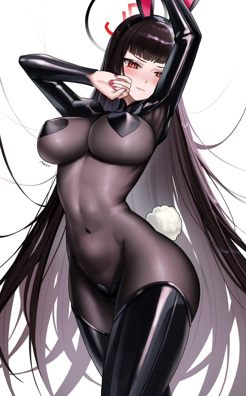1girl absurdres animal_ears armpits arms_up artist_name black_boots black_hair black_hairband blue_archive bodysuit boots breasts bright_pupils commentary_request covered_erect_nipples covered_navel cowboy_shot fake_tail hairband heart_maebari highres impossible_clothes large_breasts long_hair long_sleeves looking_at_viewer maebari mato_kuroi nail_polish pasties rabbit_ears rabbit_girl rabbit_tail red_eyes red_nails rio_(blue_archive) simple_background solo tail thigh_boots v-shaped_eyebrows very_long_hair white_background