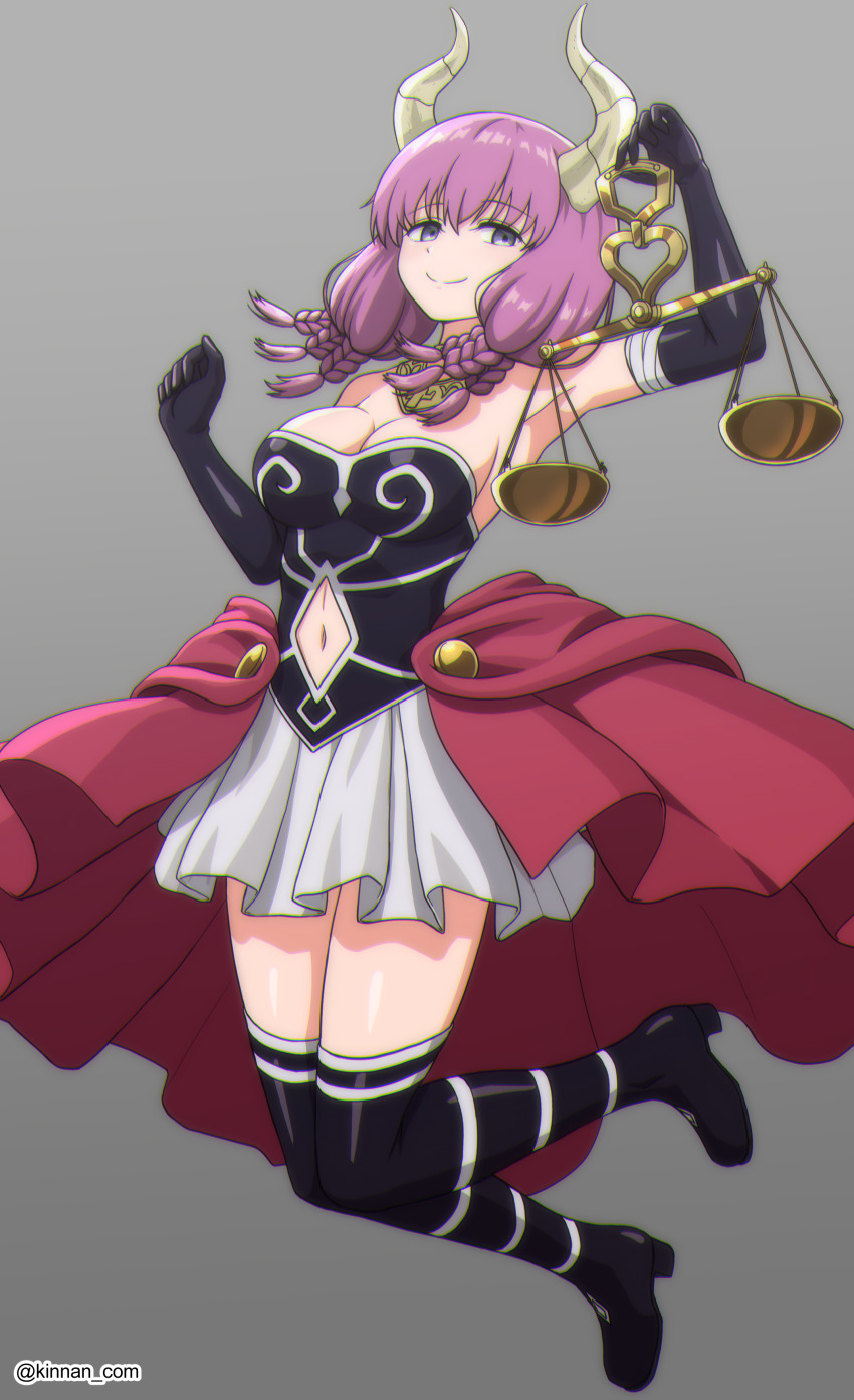 1girl absurdres armpits aura_(sousou_no_frieren) balance_scale bare_shoulders boots braid breasts cleavage clothing_cutout demon_horns elbow_gloves gloves gradient_background grey_background highres holding_scale horns kinnan linea_alba looking_at_viewer medium_breasts multiple_braids navel navel_cutout purple_eyes purple_hair smile solo sousou_no_frieren thigh_boots thighs twitter_username weighing_scale