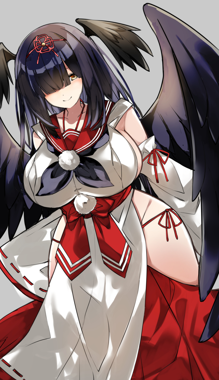 1girl black_hair black_wings blunt_bangs bombergirl breasts collarbone cowboy_shot detached_sleeves feathered_wings groin_tendon highres hiiro_(bombergirl) hip_vent huge_breasts large_breasts long_hair nontraditional_miko one_eye_covered panties pelvic_curtain side-tie_panties sideboob sidelocks smile solo tengu underwear urabanasimati very_long_hair wide_hips wings yellow_eyes