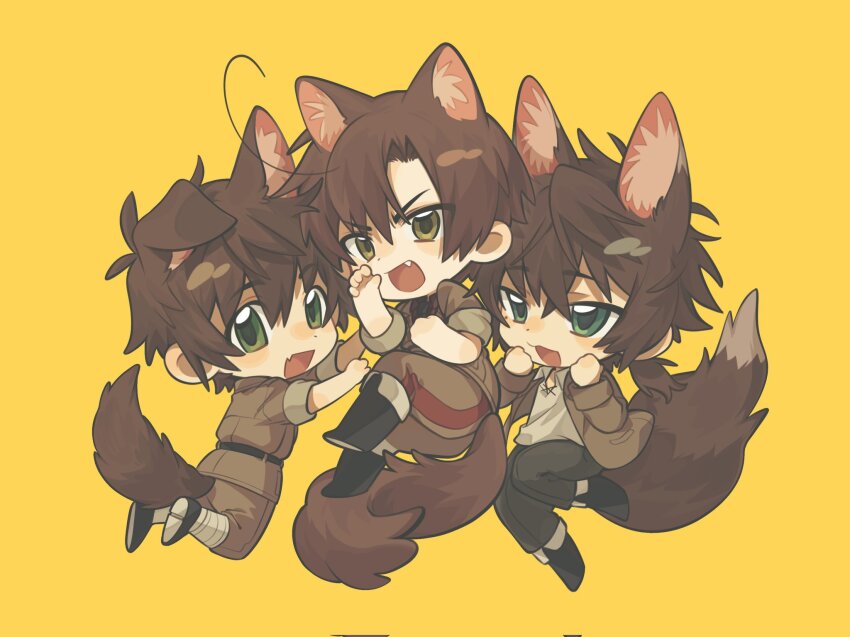 3boys ahoge animal_ear_fluff animal_ears axis_powers_hetalia back bandaged_leg bandages black_boots black_necktie black_pants black_shoes boots brown_hair brown_jacket brown_pants brown_shirt cat_ears cat_tail chibi chibi_only collared_shirt commentary dog_ears dog_tail fang fox_ears fox_tail from_side full_body green_eyes hair_between_eyes half-closed_eyes hands_on_own_face hands_up highres intillate jacket kemonomimi_mode lapels looking_at_another looking_at_viewer low_ponytail male_focus medium_hair military_jacket military_uniform multiple_boys necktie open_clothes open_jacket open_mouth pants pocket ponytail portugal_(hetalia) shirt shoes short_hair short_ponytail short_sleeves simple_background skin_fang smile southern_italy_(hetalia) spain_(hetalia) symbol-only_commentary tail v-shaped_eyebrows white_shirt yellow_background