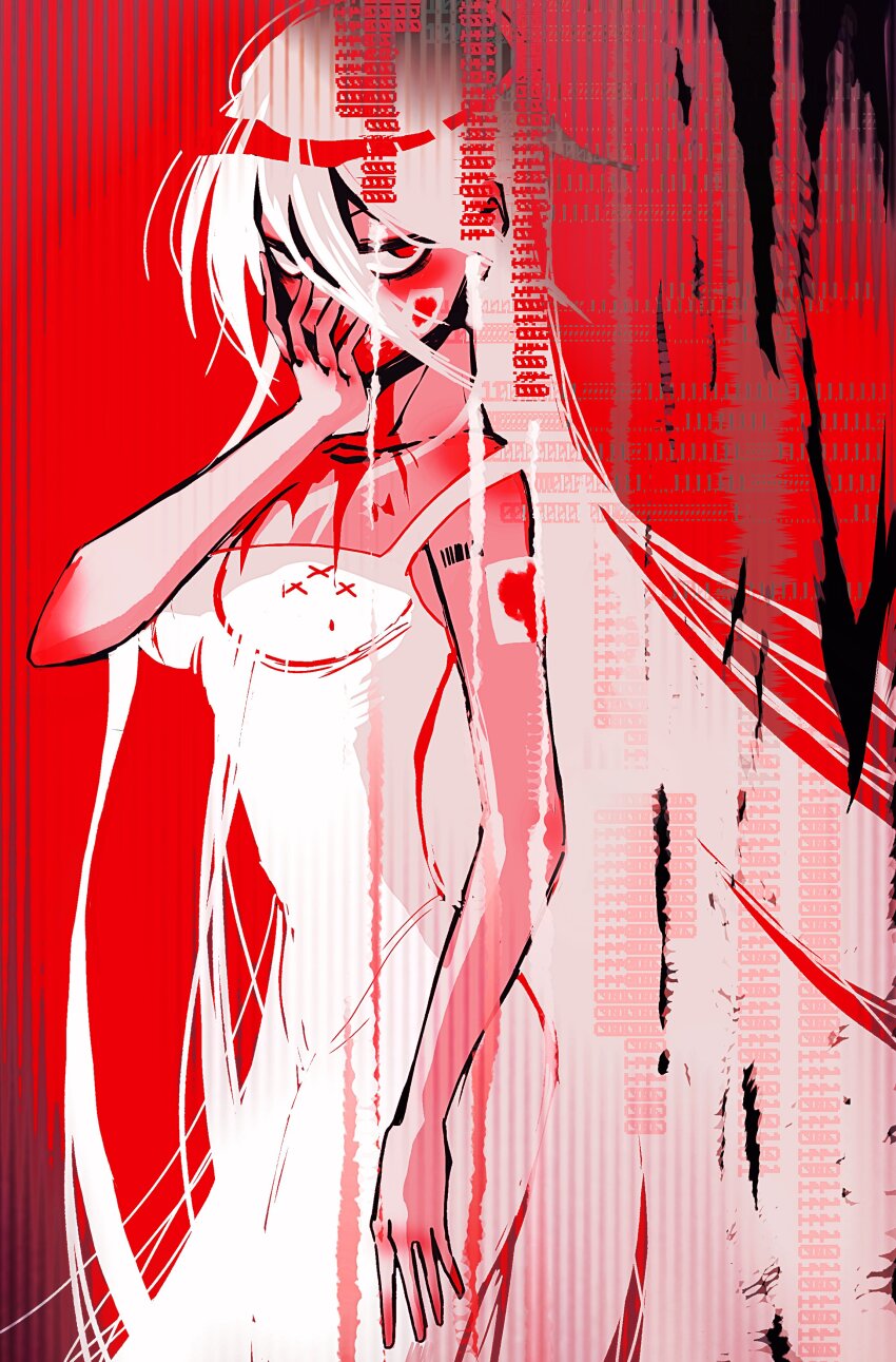 1girl absurdres ariane_yeong bandaid bandaid_on_arm bandaid_on_cheek bandaid_on_face barcode barcode_tattoo bare_arms blood blood_on_clothes blood_on_face blood_on_hands covered_mouth dress from_side hand_on_own_face highres long_hair looking_at_viewer pumpkinsynth red_background red_eyes red_theme signalis sleeveless sleeveless_dress solo standing tattoo white_dress white_hair