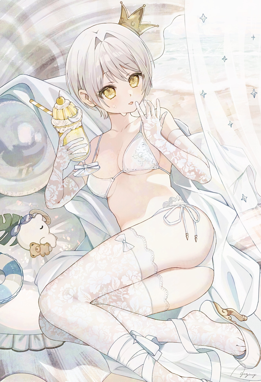 1girl asa_going bikini blush breasts crown elbow_gloves food gloves high_heels highres looking_at_viewer medium_breasts original parfait short_hair side-tie_bikini_bottom solo summer swimsuit thighhighs white_bikini white_gloves white_hair yellow_eyes