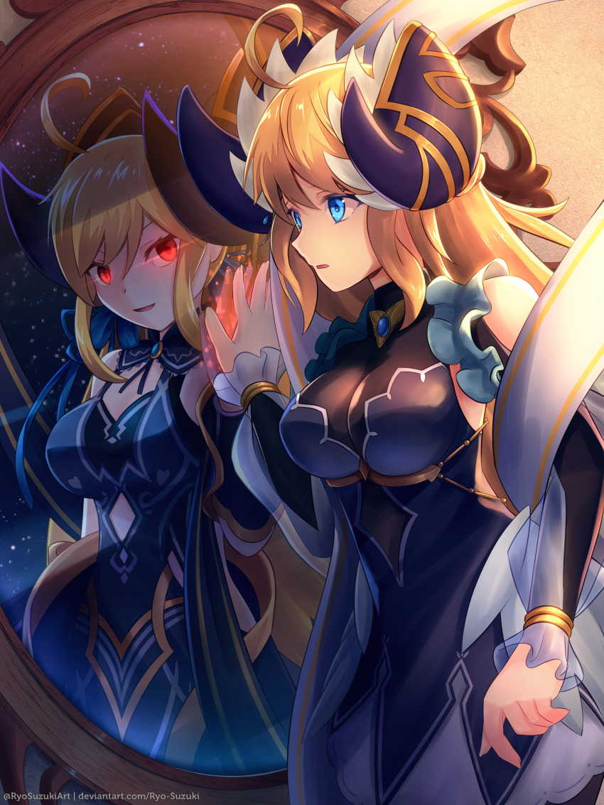 1girl absurdres ahoge alternate_costume bare_shoulders blonde_hair blue_eyes breasts cleavage corrupted corruption dragalia_lost dual_persona glowing glowing_eyes hand_on_mirror highres huge_filesize large_breasts long_hair looking_at_mirror looking_at_object mirror morsayati open_mouth possessed possession red_eyes reflection ryo-suzuki zena_(dragalia_lost) zethia