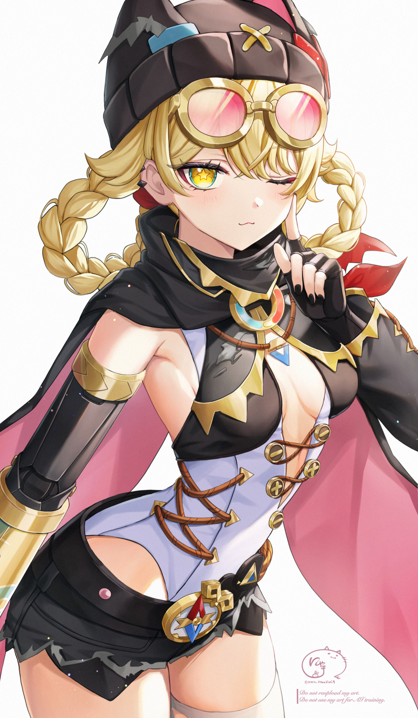1girl absurdres black_gloves black_shorts blonde_hair braid braided_hair_rings breasts closed_mouth fingerless_gloves genshin_impact gloves goggles goggles_on_head hair_rings hand_up highres jahoda_(genshin_impact) looking_at_viewer nyamaso one_eye_closed short_shorts shorts signature small_breasts smile solo standing star-shaped_pupils star_(symbol) symbol-shaped_pupils yellow_eyes
