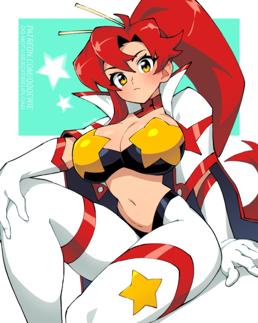 1girl 333_(dqqqdle) absurdres bandeau black_bandeau blush breasts cape cleavage elbow_gloves gloves hair_ornament hair_stick highres large_breasts long_hair looking_at_viewer midriff pasties ponytail red_hair sitting skin_tight solo space_yoko star_(symbol) star_pasties tengen_toppa_gurren_lagann white_gloves yellow_eyes yoko_littner