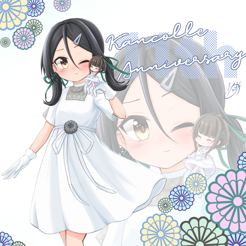 2girls anniversary black_hair brown_eyes brown_hair closed_eyes copyright_name dress fairy_(kancolle) gloves hair_between_eyes hair_ornament hair_ribbon hairclip highres inagi_(kancolle) kantai_collection long_hair md5_mismatch mini_person minigirl multiple_girls one_eye_closed ribbon short_hair short_hair_with_long_locks short_sleeves sidelocks smile sosser standing twintails ukuru_(kancolle) white_dress white_gloves zoom_layer