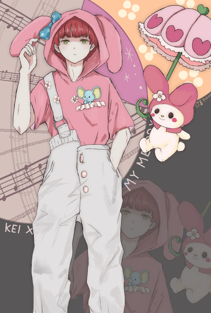 1boy 1brad blue_bow bow closed_mouth crossover d4u4a-vvvats hand_in_pocket hand_up highres hoodie looking_at_viewer my_melody overalls pink_hoodie pink_umbrella rabbit red_hair sanrio serious shinomiya_kei tomodachi_game umbrella white_overalls yellow_background