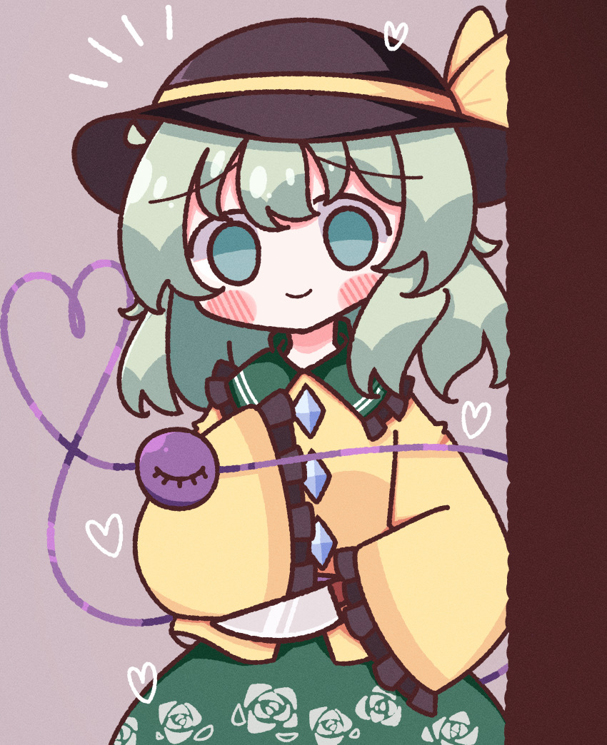 1girl absurdres black_hat blush bow buttons diamond_button floral_print frilled_shirt_collar frilled_sleeves frills green_eyes green_hair green_skirt hair_between_eyes hat hat_bow heart heart_of_string highres holding holding_knife holding_weapon knife komeiji_koishi light_green_hair long_sleeves looking_at_viewer medium_hair rose_print shirt simple_background skirt sleeves_past_fingers sleeves_past_wrists smile solo third_eye touhou waroemon weapon yellow_bow yellow_shirt