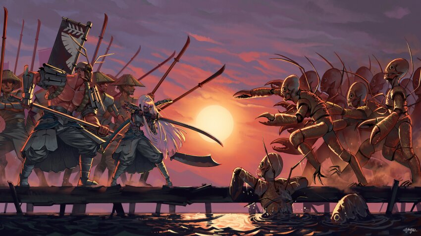 1girl abs absurdres antlers armor baggy_pants banner battle battle_standard beard breastplate bridge climbing dark_skin earrings facial_hair faulds flag gemi_ningen glaive_(polearm) greaves guan_dao hat highres holding holding_polearm holding_weapon horns japanese_armor jewelry kenshi long_hair mask monster multiple_boys muscular muscular_male naginata ootachi pants pincers polearm river sabaton sashimono sharp_teeth size_difference straw_hat sunset swimming teeth vambraces war_banner water weapon white_hair yellow_eyes