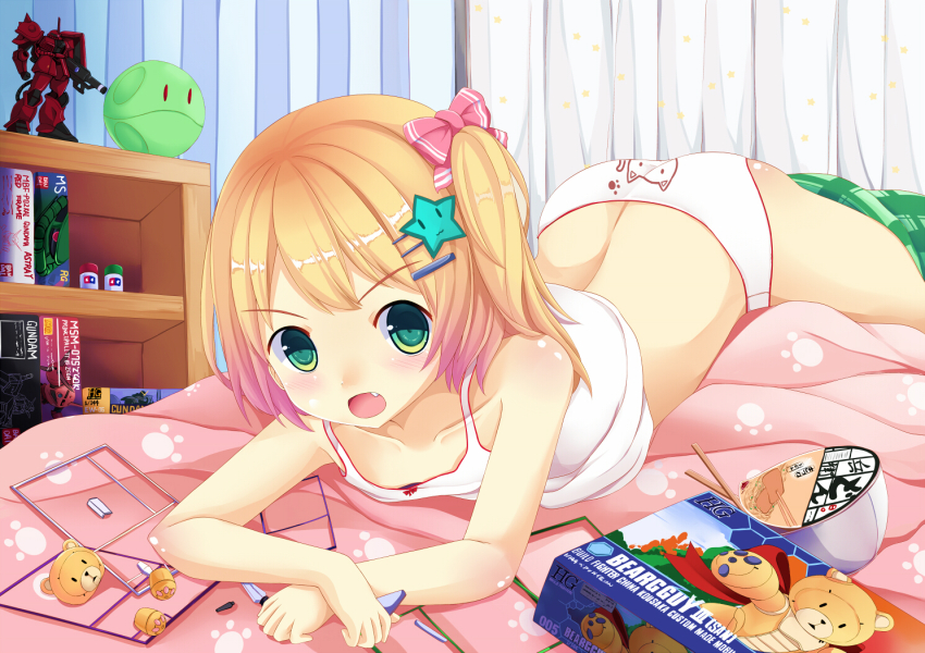 10s 1girl :o animal_print ass back bad_id bad_pixiv_id beargguy_iii bed blonde_hair book bookshelf bow camisole cat_panties cat_print cat_print_panties collarbone cup_ramen donbee_(food) donbei_kitsune_udon downblouse fang female_focus food gradient_hair green_eyes gundam gundam_build_fighters gunpla hair_bow haro indoors instant_udon looking_at_viewer lying midriff model_kit multicolored_hair nissin_donbei on_bed on_stomach one_side_up open_mouth original panties paw_panties paw_print print_panties sakuraba_hikaru_(loveindog) short_hair side_ponytail solo star_(symbol) star_print stuffed_animal stuffed_toy teddy_bear underwear white_panties z&#039;gok_char_custom zaku_ii zaku_ii_s_char_custom