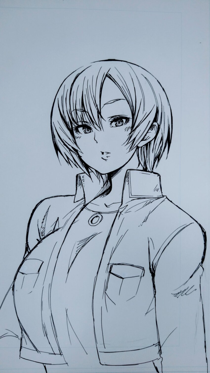 1girl aya_brea breasts collarbone denim greyscale highres jacket lips looking_at_viewer monochrome parasite_eve_(series) parasite_eve_ii short_hair simple_background solo white_background yamada_pasta