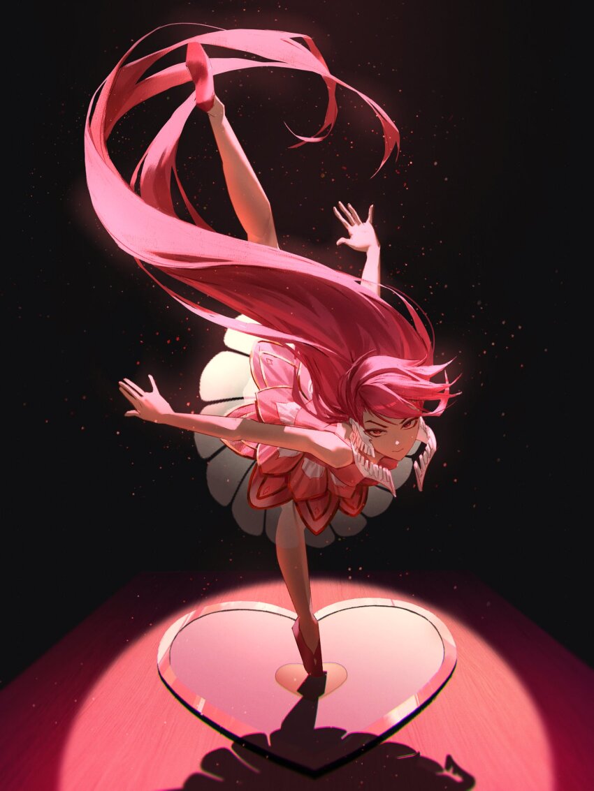 1girl acrobatic_silky_(dandadan) ballerina chromatic_aberration closed_mouth dandadan dress floating_hair full_body highres kozzz_y long_hair looking_at_viewer pink_dress pink_eyes pink_hair shadow shiratori_aira_(dandadan) sleeveless sleeveless_dress smile solo spotlight standing standing_on_one_leg tutu very_long_hair