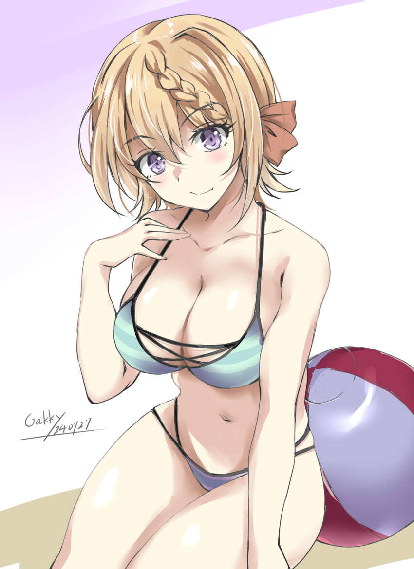 1girl ball beachball bikini blonde_hair braid braided_bangs braided_bun breasts cleavage gakky green_bikini hair_bun highres kantai_collection large_breasts long_hair looking_at_viewer medium_breasts multi-strapped_bikini_bottom official_alternate_costume one-hour_drawing_challenge perth_(kancolle) perth_(swimsuit)_(kancolle) purple_eyes short_hair sitting smile solo striped_bikini striped_clothes swimsuit