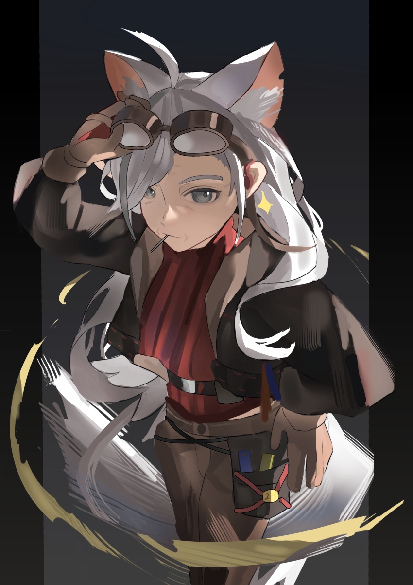 1girl absurdres ahoge animal_ears arknights brown_gloves brown_pants catherine_(arknights) gloves goggles goggles_on_head grey_eyes grey_hair highres jacket pants simple_background solo tail thannlong