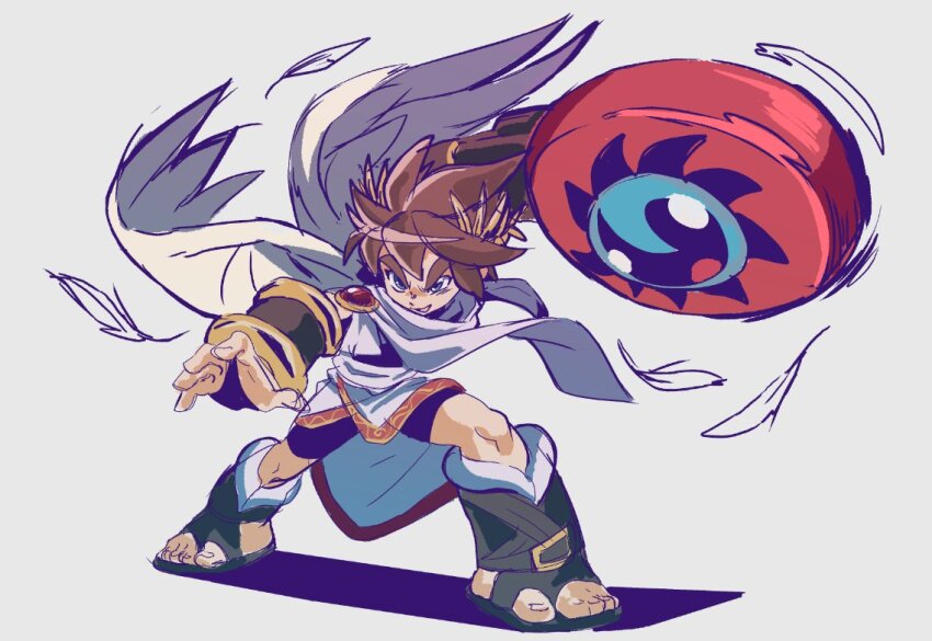 1boy angel angel_wings bike_shorts blue_eyes brown_hair feathers full_body grey_background kid_icarus kid_icarus_uprising laurel_crown nintendo pit_(kid_icarus) robin_(robeans_art) simple_background solo thick_eyebrows upperdash_arm_(kid_icarus) wings