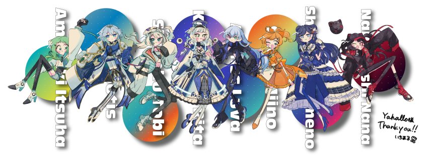 absurdres adis_luva amesaki_itsuha baseball_cap black_hair black_headwear black_jacket black_thighhighs blue_eyes blue_hair bow character_name commission creator_connection double_bun floating hair_bun halo hat heterochromia highres ichimaru_(ichimarururu514) indie_virtual_youtuber jacket kamishiro_rita long_legs mechanical_halo myo_sotis nanahoshi_nana navel nkshoujo one_eye_closed open_mouth orange_hair ponytail prism_project purple_eyes red_bow saeki_miino second-party_source shigoku_tobi shiroyuki_himeno shirt short_hair skeb_commission smile thighhighs virtual_youtuber white_hair white_jacket white_shirt