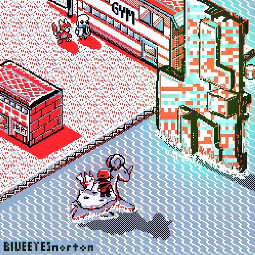 1boy blaine_(pokemon) door game_boy game_boy_color gen_1_pokemon glitch grass handheld_game_console hat house magmar missingno. nintendo outdoors pikachu pixel_art pokemon pokemon_rgby red_(pokemon) thomas_norton water window
