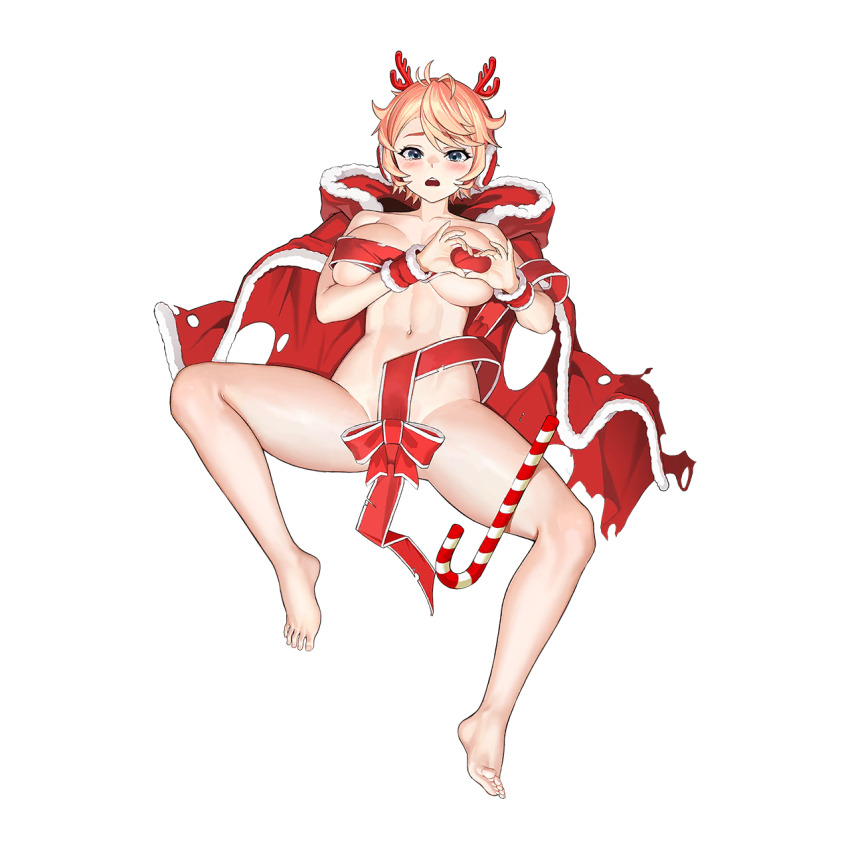 1girl abs animal_earmuffs antlers blue_eyes blush bow breasts breasts_apart candy candy_cane cape chestnut_mouth convenient_censoring defeat earmuffs fake_antlers food full_body fur-trimmed_cape fur-trimmed_wrist_cuffs fur_trim groin_tendon heart heart-shaped_boob_challenge heart_hands highres hood hooded_cape horns large_breasts last_origin linea_alba looking_at_viewer lying naked_ribbon navel non-web_source official_alternate_costume official_art on_back orange_hair pixie_(last_origin) red_bow red_cape red_ribbon red_wrist_cuffs reindeer_antlers ribbon short_hair simple_background solo spread_legs tachi-e taesi tearing_up teeth torn_cape torn_clothes torn_ribbon transparent_background triple_ahoge upper_teeth_only white_fur wrist_cuffs