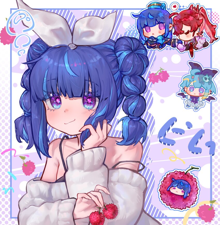 2girls bare_shoulders black_bow blue_hair bow duel_monster evil_twin_ki-sikil evil_twin_lil-la highres holding ki-sikil_(yu-gi-oh!) lil-la_(yu-gi-oh!) live_twin_lil-la_sweet long_hair multiple_girls purple_eyes solo_focus sweater twintails upper_body white_sweater winter_snow yu-gi-oh!