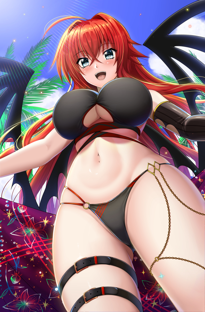 1girl :d absurdres ahoge belt bikini black_bikini black_gloves blue_eyes blue_sky breasts commentary_request crossed_bangs demon_wings elbow_gloves gloves hair_between_eyes high_school_dxd highres large_breasts long_hair looking_at_viewer navel open_mouth outdoors palm_tree red_hair rias_gremory shibata_rai single_elbow_glove sky smile solo swimsuit thigh_belt thigh_strap tree underboob wings