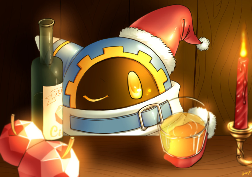 1boy apple apple_juice belt belt_buckle bottle buckle candle candlelight candlestand christmas covered_mouth cup dark_skin drink drinking_glass facing_viewer food fruit gem_apple glass glass_bottle gloves hat holding holding_drink holding_drinking_glass hood juice kirby_(series) kuromura_gin looking_at_viewer magolor male_focus mask mittens nintendo no_humans one_eye_closed pom_pom_(clothes) red_mittens santa_gloves santa_hat solo table team_kirby_clash_deluxe very_dark_skin wink wooden_table yellow_eyes