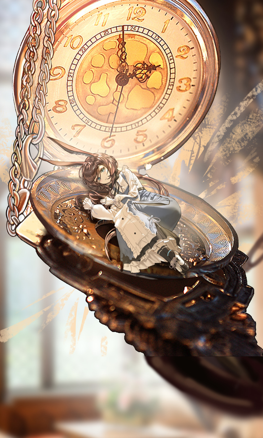 1girl absurdres amiya_(arknights) animal_ears aqua_eyes arknights artistic_error black_socks blue_dress blurry blurry_background brown_hair chain chinese_commentary closed_mouth commentary dial dress english_commentary frilled_dress frills full_body gold hair_between_eyes highres jewelry long_hair looking_at_viewer lying mini_person minigirl mixed-language_commentary multiple_rings on_side pinafore_dress pocket_watch ring shale sleeveless sleeveless_dress sleeves_past_wrists smile socks solo unfinished watch white_dress