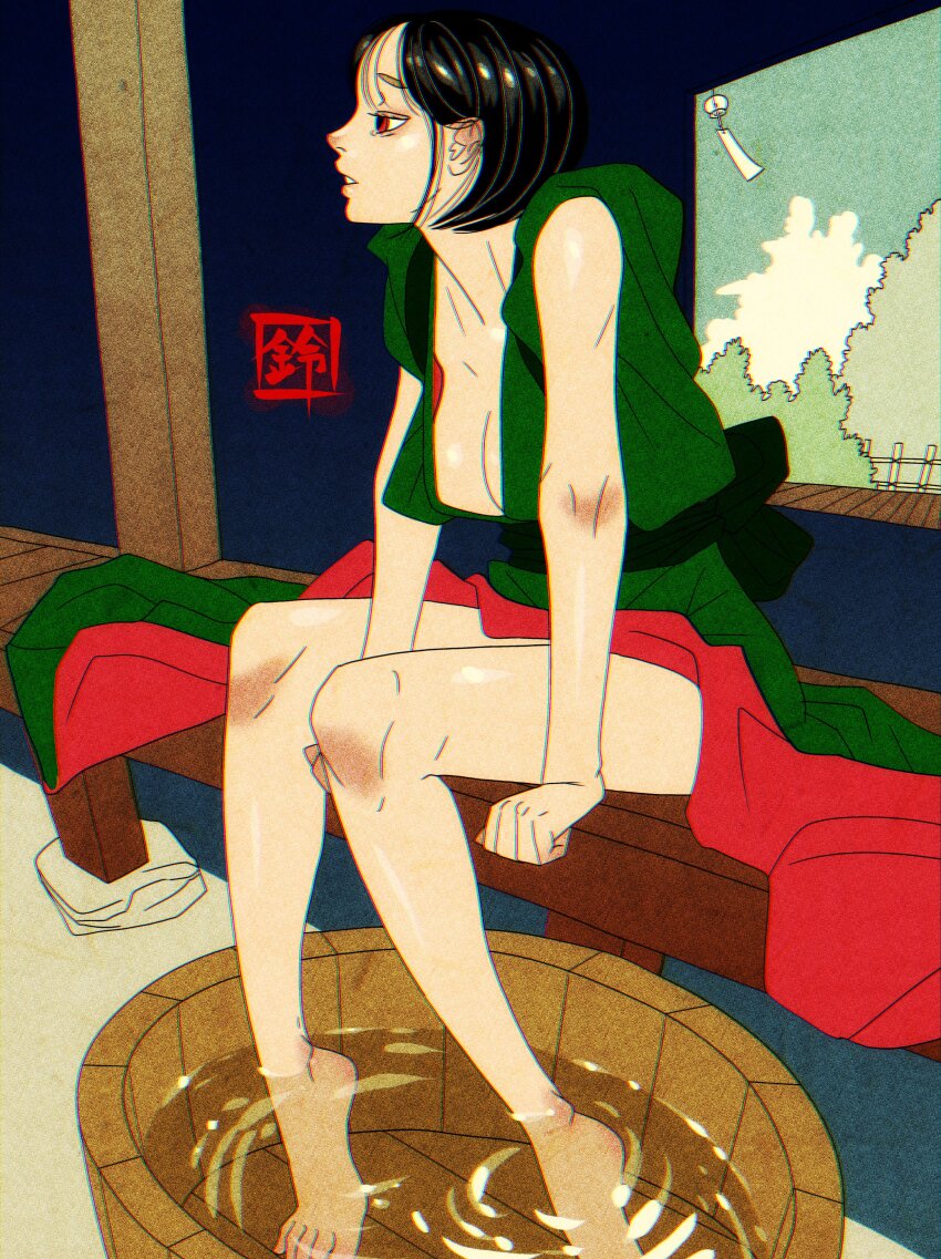 1girl absurdres arms_at_sides basin black_hair bob_cut breasts brown_eyes cleavage collarbone feet_in_water fine_art_parody foot_bath full_body green_kimono hair_behind_ear highres inkan japanese_clothes kimono looking_ahead medium_breasts nihonga original parody parted_lips sei5osuzuki sitting thighs tree wind_chime window