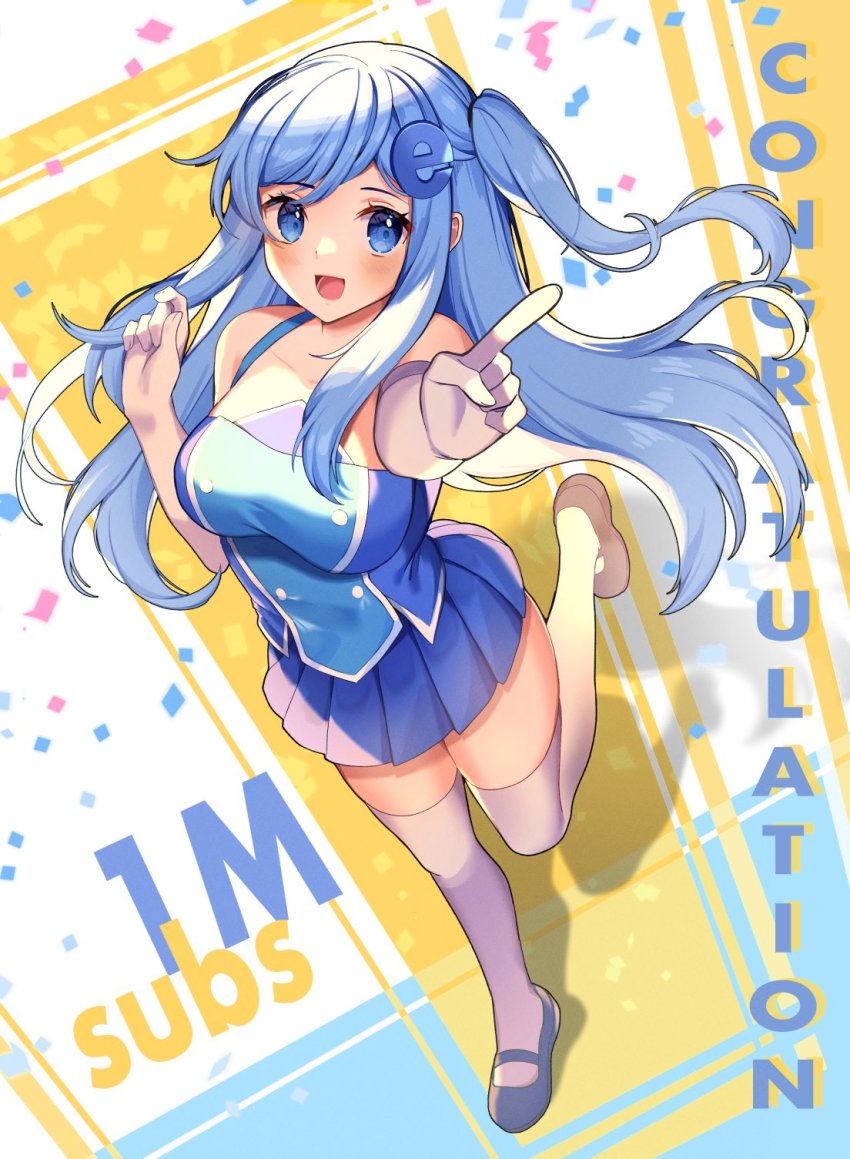 1girl blue_eyes blue_hair blue_shoes blue_skirt blush commentary congratulations elbow_gloves english_commentary floating_hair gloves hair_ornament highres internet_explorer internet_explorer_(merryweather) internet_explorer_(webcomic) long_hair milestone_celebration open_mouth pleated_skirt shadow shoes skirt smile solo thighhighs very_long_hair white_gloves white_thighhighs yuniiho
