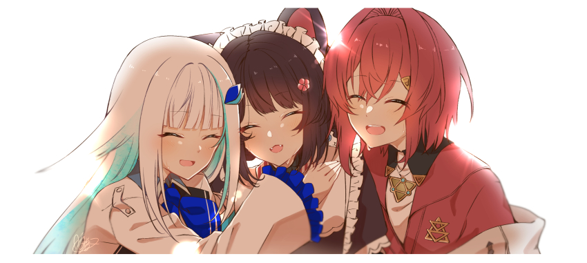 3girls ^_^ absurdres ange_katrina ange_katrina_(1st_costume) animal_ears aqua_hair blue_neckerchief blunt_bangs brown_hair cardigan closed_eyes colored_inner_hair commentary_request dog_ears dog_girl fangs flower frilled_sleeves frills group_picture hair_flower hair_intakes hair_ornament hand_on_another&#039;s_shoulder hand_up highres inui_toko inui_toko_(1st_costume) jacket light_blush lize_helesta lize_helesta_(1st_costume) long_hair long_sidelocks long_sleeves maid_headdress medium_hair multicolored_hair multiple_girls neckerchief nijisanji open_mouth red_cardigan red_hair sanbaka_(nijisanji) shigure_(sigre) sidelocks signature simple_background smile streaked_hair sweat teeth two-tone_hair upper_body upper_teeth_only virtual_youtuber white_background white_hair white_headdress white_jacket
