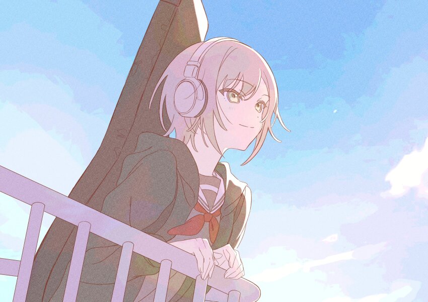 1girl against_railing blue_sky closed_mouth green_eyes green_jacket grey_hair grey_serafuku grey_shirt guitar_case headphones highres hinomori_shiho hood hood_down hooded_jacket instrument_case jacket long_sleeves looking_up miyamasuzaka_girls&#039;_academy_school_uniform neckerchief open_clothes open_jacket outdoors pato_(ptro) project_sekai railing red_neckerchief sailor_collar school_uniform serafuku shirt short_hair sidelocks sky smile solo standing upper_body white_sailor_collar