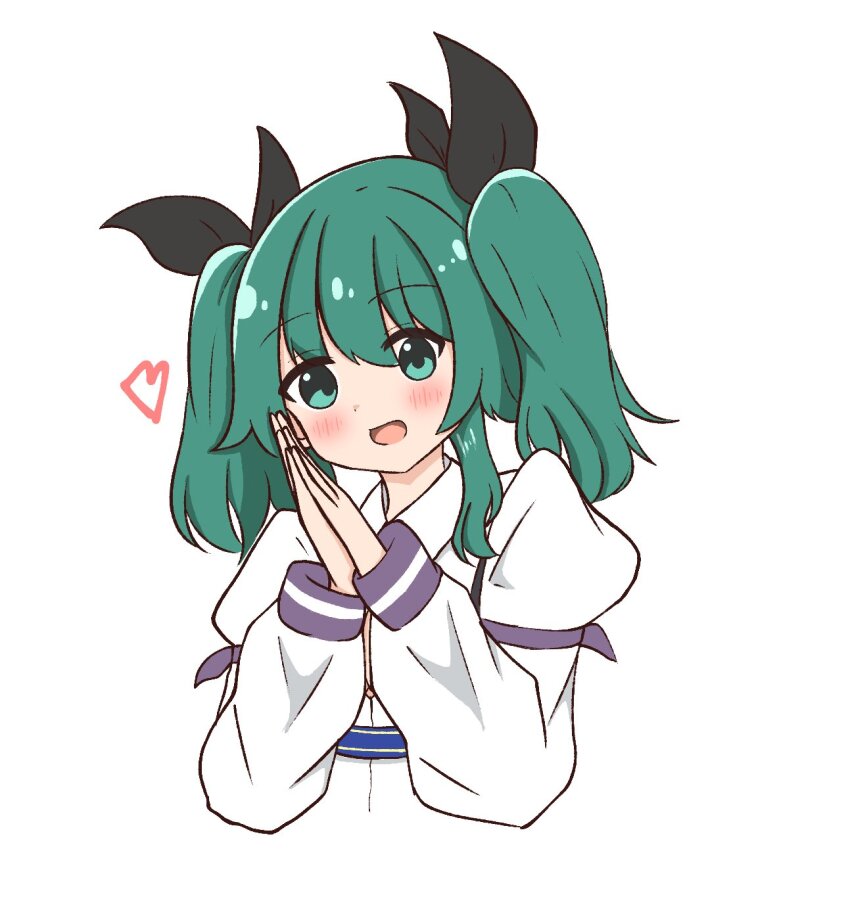 1girl :d aqua_eyes aqua_hair assault_lily black_ribbon blush collared_shirt commentary cropped_torso hair_between_eyes hair_ribbon hands_clasped_in_delight hands_up head_tilt heart highres juliet_sleeves long_sleeves looking_at_viewer medium_hair odaiba_girls_high_school_uniform open_mouth own_hands_together palms_together puffy_sleeves purple_ribbon ribbon school_uniform serizawa_pickel shirt simple_background sleeve_ribbon smile solo suzuki_chinami upper_body white_background white_shirt