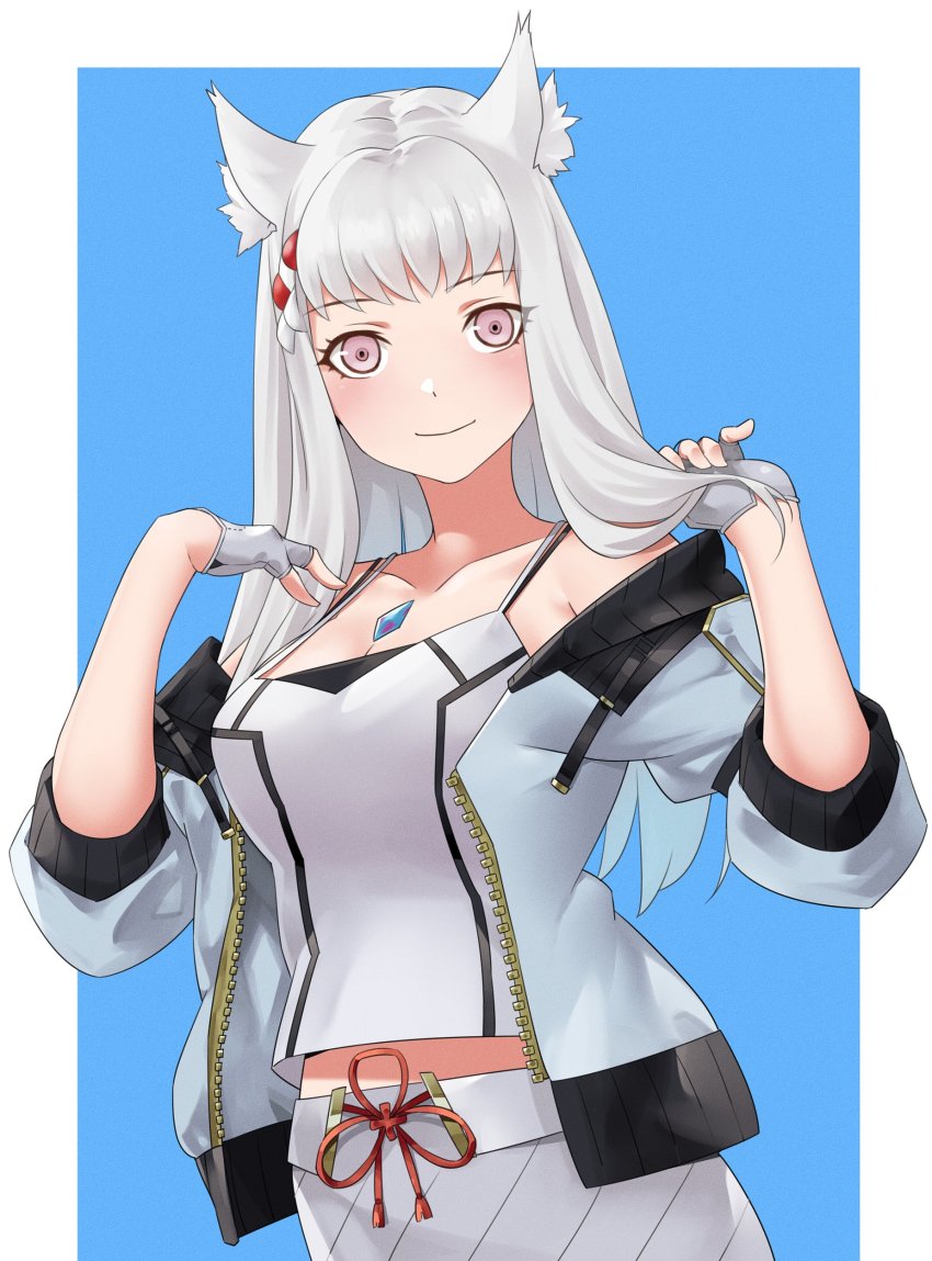 1girl absurdres alternate_costume animal_ear_fluff animal_ears blush border cat_ears chest_jewel closed_mouth collarbone commentary commission cosplay crossover english_commentary fingerless_gloves fire_emblem fire_emblem:_three_houses gloves grey_gloves hand_in_own_hair highres holding holding_own_hair igni_tion jacket long_hair looking_at_viewer lysithea_von_ordelia mio_(xenoblade) mio_(xenoblade)_(cosplay) nintendo off_shoulder open_clothes open_jacket outside_border pink_eyes skirt smile solo tank_top tassel white_border white_hair white_skirt white_tank_top xenoblade_chronicles_(series) xenoblade_chronicles_3 zipper