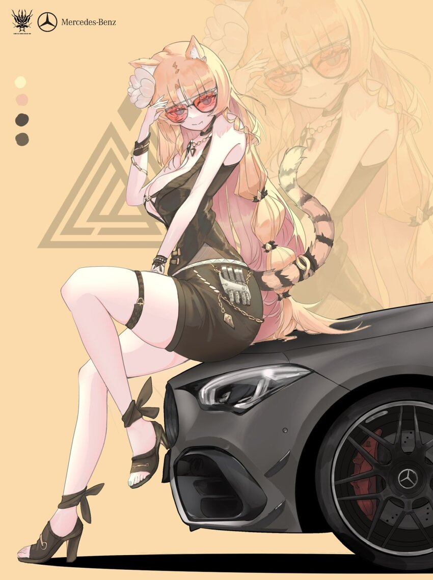 1girl animal_ear_fluff animal_ears arknights arm_up bad_anatomy bare_shoulders black_shirt black_shoes black_shorts black_tail blonde_hair blue_eyes car cat chain chinese_commentary closed_mouth color_guide commentary_request company_logo company_name flower full_body gelo_graphic glasses gold gold_chain hair_flower hair_ornament high_heels highres jewelry leg_up logo long_hair looking_at_viewer mercedes-benz motor_vehicle necklace no_socks official_alternate_costume on_car open-toe_shoes red-tinted_eyewear shirt shoes shorts sitting sitting_on_car sleeveless sleeveless_shirt smile solo swire_(arknights) swire_the_elegant_wit_(arknights) tail tail_ornament tail_raised tail_ring thigh_strap tinted_eyewear toenails unfinished white_flower yellow_background yellow_tail zoom_layer