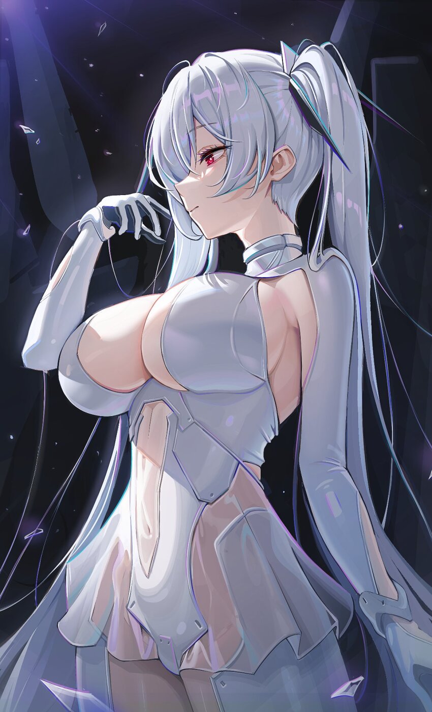 1girl bodysuit breasts cinderella_(nikke) cleavage closed_mouth clothing_cutout gloves goddess_of_victory:_nikke hair_over_one_eye highres kira_(kira78718520) large_breasts long_hair navel navel_cutout red_eyes see-through_clothes see-through_skirt skirt solo twintails very_long_hair white_bodysuit white_gloves white_hair