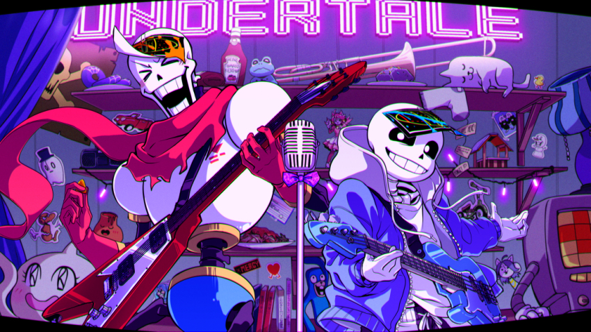 2boys ahin_vpv annoying_dog black_sclera black_shorts blue_jacket brothers character_request closed_eyes colored_sclera copyright_name electric_guitar gloves grin guitar holding holding_guitar holding_instrument instrument jacket mad_dummy_(undertale) mad_mew_mew male_focus mettaton multiple_boys napstablook onionsan papyrus_(undertale) sans_(undertale) shorts siblings skeleton sleeping smile teeth temmie toy trombone undertale