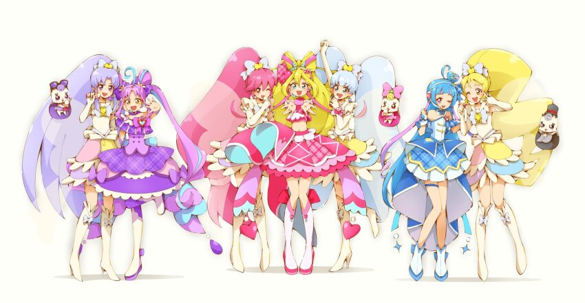 6+girls :d ahoge aino_megumi ankle_boots aokaze_nana blonde_hair blue_dress blue_eyes blue_hair boots bow bow-shaped_hair brooch choker circle_skirt coattails colored_shoe_soles contrapposto crop_top cure_fortune cure_fortune_(innocent_form) cure_honey cure_honey_(innocent_form) cure_idol cure_kyunkyun cure_lovely cure_lovely_(innocent_form) cure_princess cure_princess_(innocent_form) cure_wink detached_sleeves double_bun dress dyed_ahoge earrings elbow_gloves flat_chest full_body gloves gurasan_(happinesscharge_precure!) hair_bow hair_bun happinesscharge_precure! headset heart heart_brooch high_heel_boots high_heels high_ponytail highres hikawa_iona in-franchise_crossover jewelry kimi_to_idol_precure knee_boots long_hair looking_at_viewer magical_girl multicolored_hair multicolored_skirt multiple_girls navel one_eye_closed oomori_yuuko open_mouth outstretched_arms phanphan_(happinesscharge_precure!) pink_eyes pink_hair pink_skirt plaid_bow plaid_clothes plaid_dress plaid_skirt platform_boots ponytail precure purple_dress purple_eyes purple_hair purple_thighhighs ribbon_(happinesscharge_precure!) sakura_uta_(precure) shigure_kokoro shirayuki_hime short_sleeves simple_background single_hair_bun single_side_bun skirt sleeveless sleeveless_dress smile standing standing_on_one_leg stomach strapless strapless_dress thigh_strap thighhighs twintails two-tone_hair very_long_hair white_background white_boots white_gloves yellow_eyes yuu13