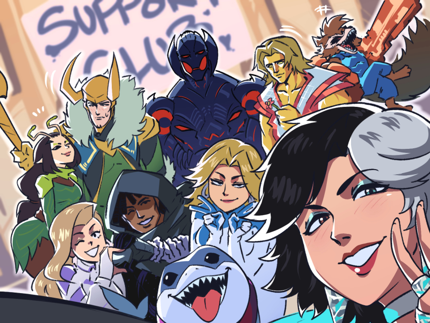 adam_warlock alien animification avengers_(series) blonde_hair blue_eyes cloak_(marvel) crop_top dagger_(marvel) fantastic_four guardians_of_the_galaxy heterochromia highres hood jeff_(marvel) loki_(marvel) luna_snow mantis_(marvel) marvel marvel_cinematic_universe marvel_rivals meme multicolored_armor multicolored_hair robot rocket_raccoon shark short_hair smile snowflake_ornament split-color_hair sue_storm superhero_costume tina_fate two-tone_hair ultron white_hair