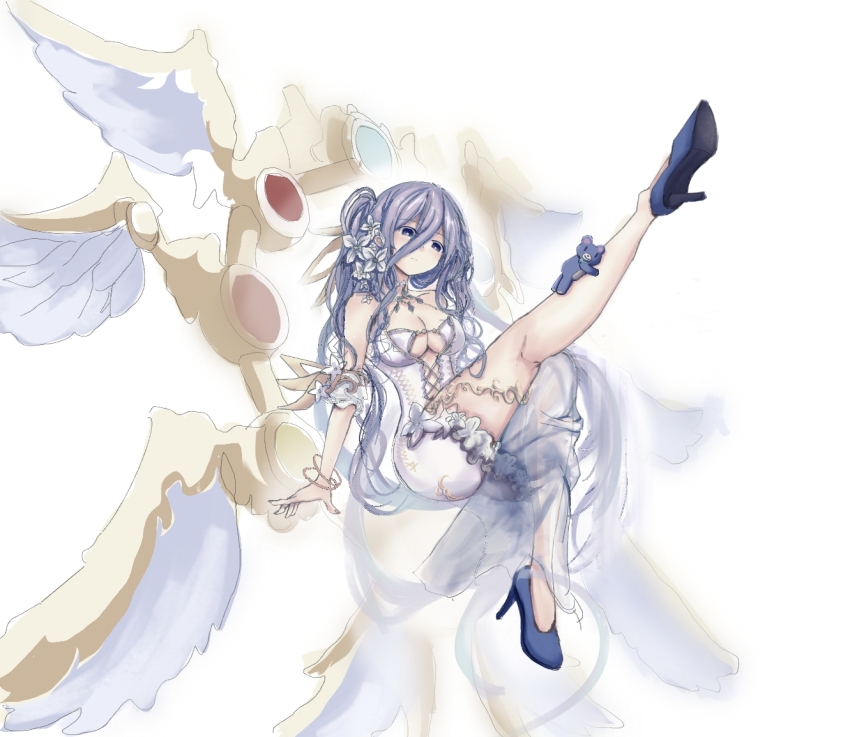 1girl blue_eyes breasts cleavage date_a_live dress high_heels long_hair murasame_reine solo thighs variant_set white_hair wings