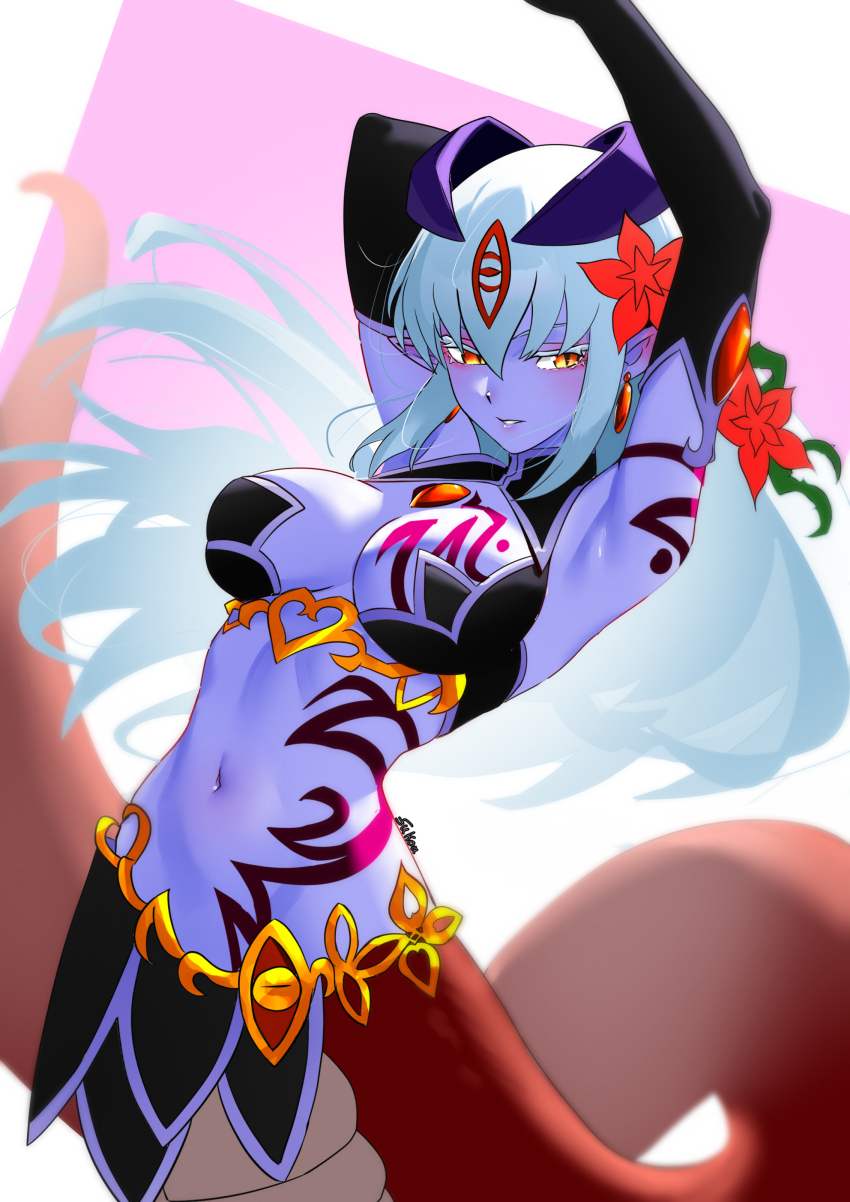 1girl alipheese_fateburn_xvi colored_skin fukou groin mon-musu_quest! navel pointy_ears purple_skin tagme tattoo