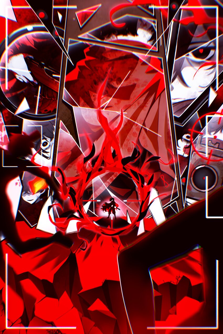 1boy absurdres black_eyes black_fire black_hair broken_glass broken_mirror cape closed_mouth crosshair e.g.o_(project_moon) fell_bullet_(e.g.o) finame0 fire glass gun highres holding holding_gun holding_weapon limbus_company looking_at_viewer mirror multiple_views project_moon red_cape red_pupils weapon yi_sang_(project_moon)