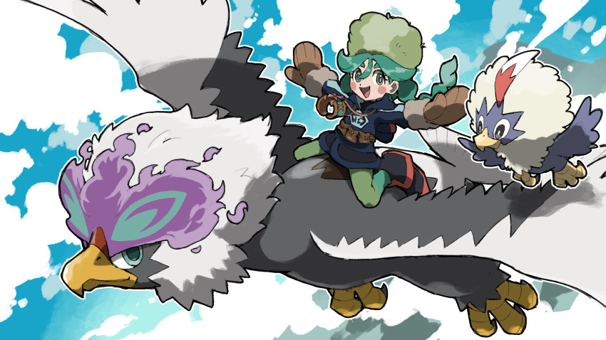 1girl :d aqua_eyes blacknirrow blue_jacket blue_sky blush blush_stickers braid brown_gloves closed_mouth cloud cloudy_sky evolutionary_line flying gen_5_pokemon gloves green_eyes green_hair green_hat green_pupils hat highres hisuian_braviary jacket long_hair nintendo open_mouth outline outstretched_arms pokemon pokemon_(creature) pokemon_legends:_arceus riding riding_pokemon rufflet sabi_(pokemon) sky smile spread_arms white_outline