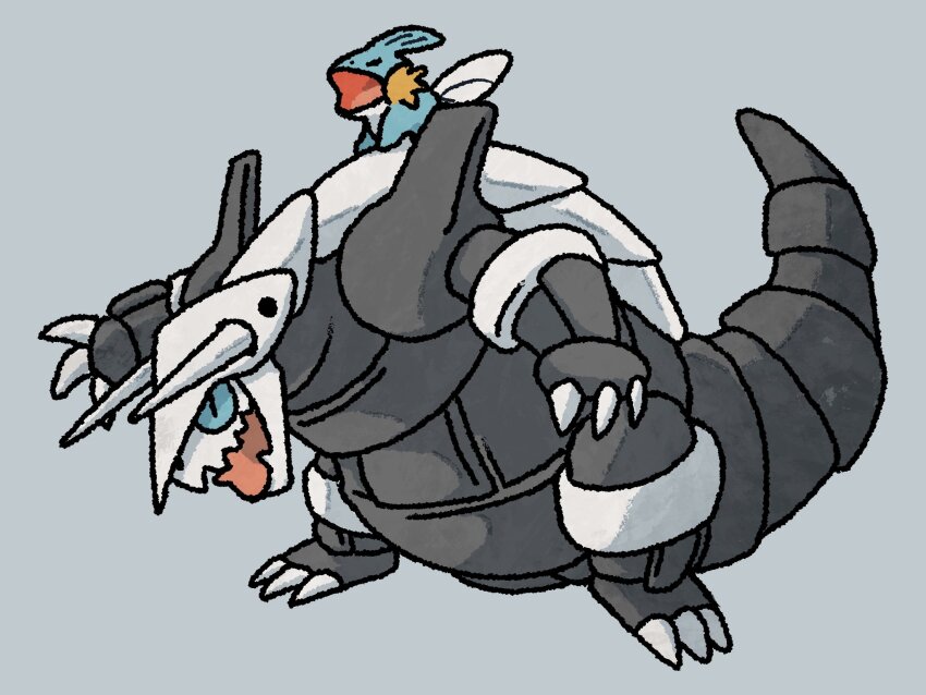 00tamakichi aggron back_fin blue_eyes blue_skin claws closed_eyes colored_skin full_body gen_3_pokemon grey_background highres horns hunched_over mudkip nintendo open_mouth pokemon pokemon_(creature) simple_background standing standing_on_another&#039;s_back tongue