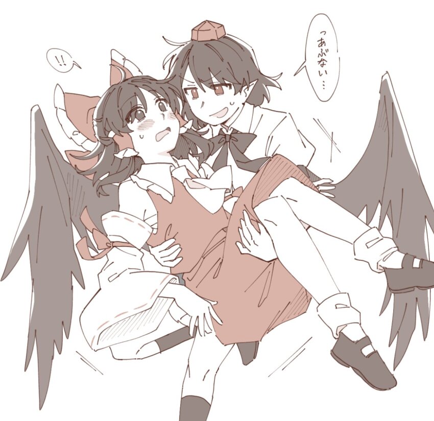! !! 2girls ascot bird_wings black_bow black_bowtie blush bow bowtie brown_eyes brown_hair carrying carrying_person commentary detached_sleeves eye_contact frilled_bow frilled_hair_tubes frills hair_bow hair_tubes hakurei_reimu hat highres long_hair looking_at_another mary_janes multiple_girls open_mouth pointy_ears princess_carry red_bow red_eyes red_hat red_skirt ribbon-trimmed_sleeves ribbon_trim sakic43899 shameimaru_aya shirt shoes skirt skirt_set socks speech_bubble spoken_exclamation_mark sweatdrop tokin_hat touhou translation_request white_shirt white_socks wings yuri