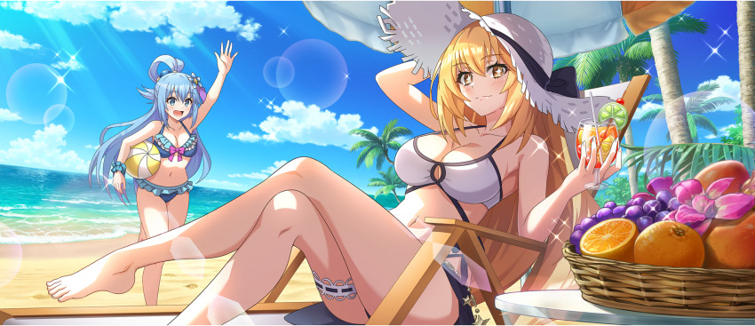 2girls :d aqua_(konosuba) arm_up armpit_crease ball bare_arms bare_legs bare_shoulders barefoot basket beach beach_chair beach_umbrella beachball bikini blonde_hair blue_bikini blue_eyes blue_flower blue_scrunchie blue_sky bow bow_bikini breasts chair cleavage cloud cloudy_sky collarbone crossed_legs crossover cup day drinking_glass flower food frilled_bikini frilled_thigh_strap frills fruit fruit_basket game_cg grapes hair_between_eyes hair_flower hair_ornament hair_rings hand_on_own_head hand_up hat highres holding holding_ball holding_beachball holding_cup horizon kono_subarashii_sekai_ni_shukufuku_wo! konosuba!_fantastic_days large_breasts light_blush light_smile long_hair looking_at_viewer lounge_chair multiple_girls navel ocean official_alternate_costume official_art on_chair open_mouth orange_(fruit) outdoors palm_tree pink_bow pink_flower reclining sand scrunchie shokuhou_misaki sideboob sidelocks single_hair_ring sky smile star-shaped_pupils star_(symbol) stomach sun_hat sunlight swimsuit symbol-shaped_pupils table thigh_strap thighs toaru_kagaku_no_railgun toaru_majutsu_no_index tree umbrella walking water white_bikini white_hat wrist_scrunchie yellow_eyes