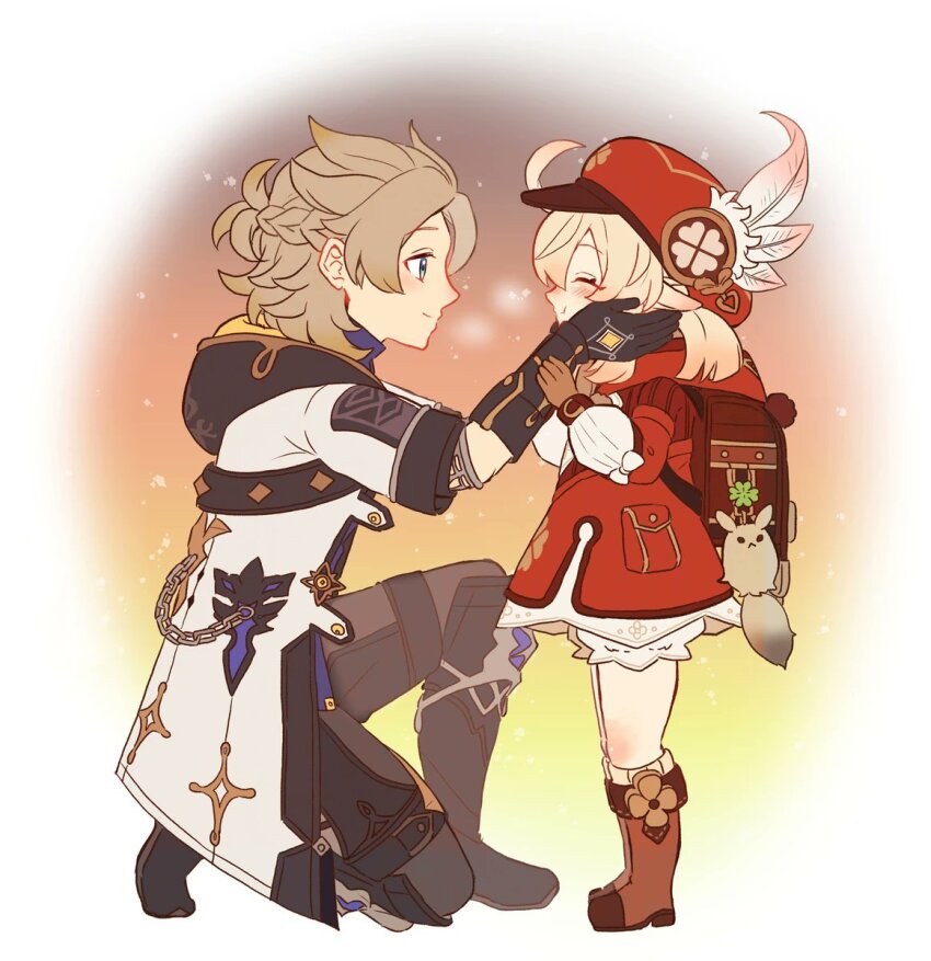 1boy 1girl ^_^ ahoge albedo_(genshin_impact) aoyagi_(ao0701yagi) aqua_eyes backpack bag bag_charm black_boots black_shorts blonde_hair bloomers blue_shirt blush boots bow braid brown_bag brown_gloves brown_hair cabbie_hat chain charm_(object) closed_eyes closed_mouth clover_print coat collared_shirt dodoco_(genshin_impact) dress genshin_impact gloves half_updo hands_on_another&#039;s_cheeks hands_on_another&#039;s_face hands_up hat hat_feather highres hood hood_down hooded_coat klee_(genshin_impact) kneeling long_sleeves looking_at_another low_twintails medium_hair on_one_knee open_clothes open_coat parted_bangs pocket pointy_ears profile puffy_long_sleeves puffy_sleeves randoseru red_coat red_hat ribbed_socks shirt short_sleeves shorts simple_background smile snowing socks standing twintails underwear white_background white_bloomers white_bow white_coat white_dress white_socks