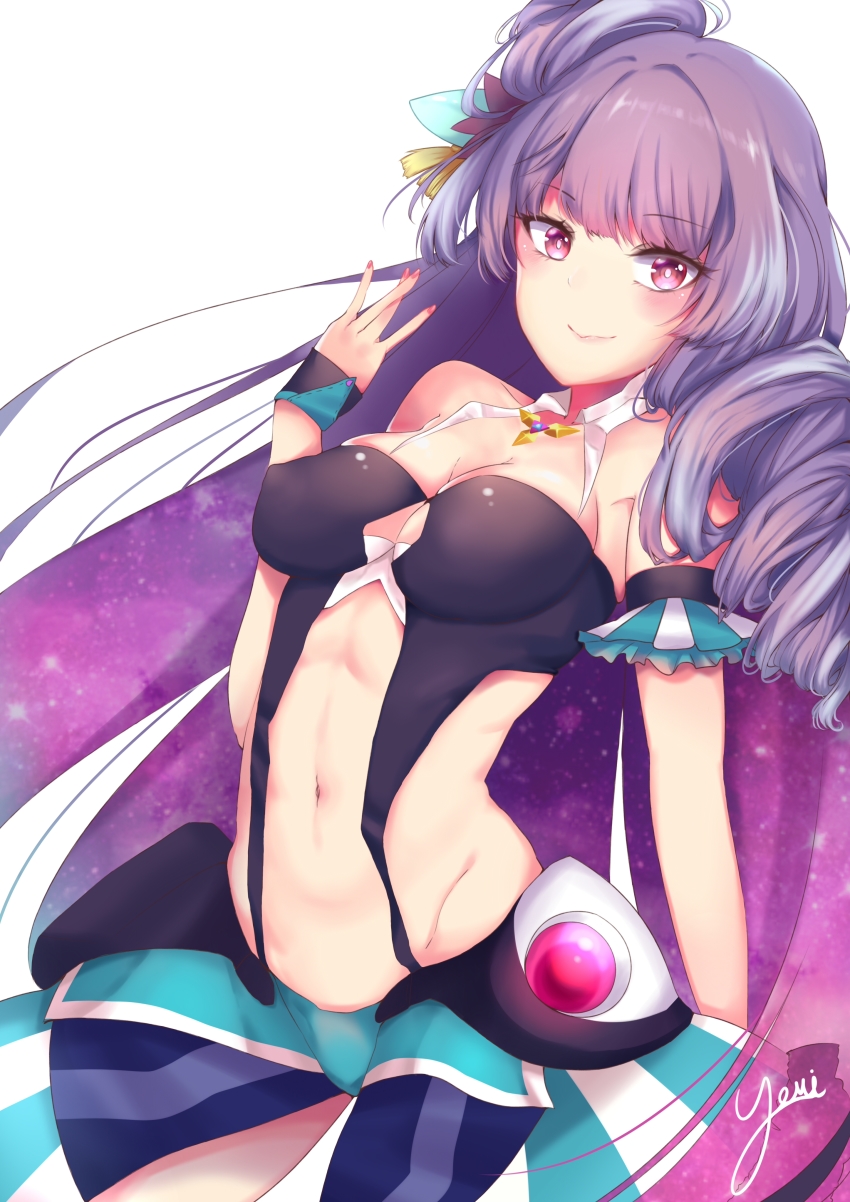 10s 1girl absurdres bare_shoulders blush breasts cleavage covered_erect_nipples female_focus highres long_hair macross macross_delta medium_breasts mikumo_guynemer nail_polish navel pink_eyes purple_hair purple_nails smile solo very_long_hair yomi25
