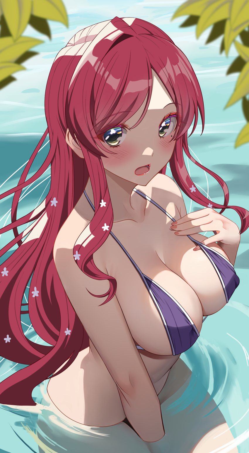1girl absurdres akihiro0920 bikini blush breasts cleavage day eyeshadow flower green_eyes hair_flower hair_ornament halterneck hanazono_hahari hand_on_own_chest happy_birthday highres kimi_no_koto_ga_dai_dai_dai_dai_daisuki_na_100-nin_no_kanojo large_breasts leaf long_hair looking_at_viewer makeup mole mole_under_eye multi-strapped_bikini_top open_mouth parted_bangs parted_lips partially_submerged pink_hair purple_bikini red_eyeshadow see-through_cleavage see-through_clothes single_hair_intake solo swimsuit very_long_hair water