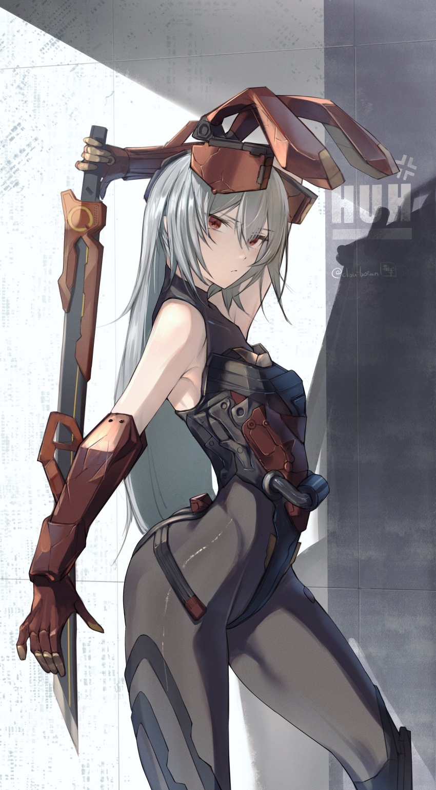 1girl absurdres animal_ears bare_shoulders bodysuit breasts commentary_request douibotan elbow_gloves expressionless from_side frown girls&#039;_frontline girls&#039;_frontline_2:_exilium gloves hair_between_eyes highres holding holding_sword holding_weapon krolik_(girls&#039;_frontline_2) looking_at_viewer mechanical_ears over_shoulder rabbit_ears red_eyes red_gloves small_breasts solo standing sword sword_over_shoulder thighs weapon weapon_over_shoulder white_hair