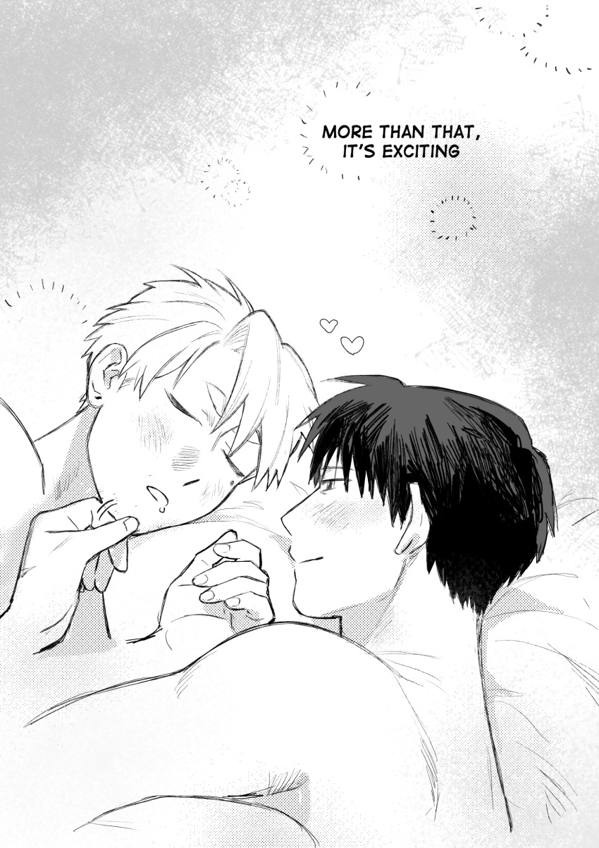2boys absurdres beard_stubble black_hair blush drooling english_text facial_hair fullmetal_alchemist genderswap genderswap_(ftm) greyscale halftone heart highres implied_yaoi monochrome multiple_boys riza_hawkeye roy_mustang short_hair sleeping smile stubble tomochingus